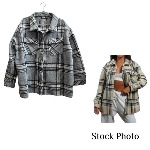 Missguided Gray Plaid Pocket Button Shacket Jacket Size 12/0XL - Picture 1 of 10